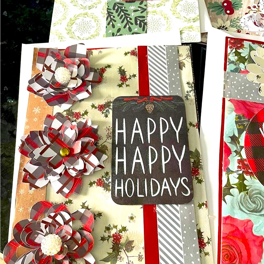 Handmade Christmas Cards 20 Cards and Envelopes Rolled Flowers Blues Reds Green